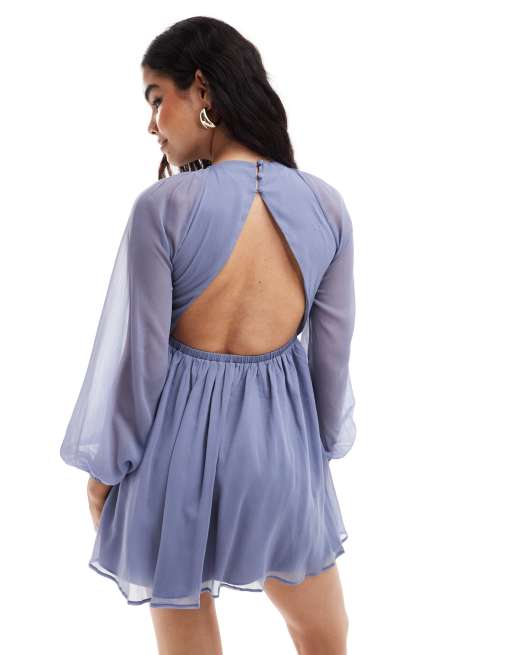 ASOS DESIGN raglan sleeve wafty mini dress with open back in dusky blue, 4 of 4