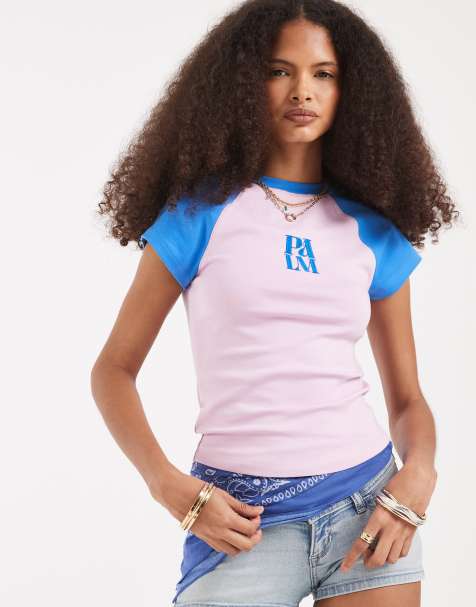 ASOS DESIGN – Raglan-T-Shirt in Blau und Flieder mit „Palm“-Stickerei - view 1