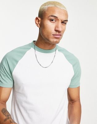 ASOS DESIGN raglan t-shirt in white with contrast sleeves in green