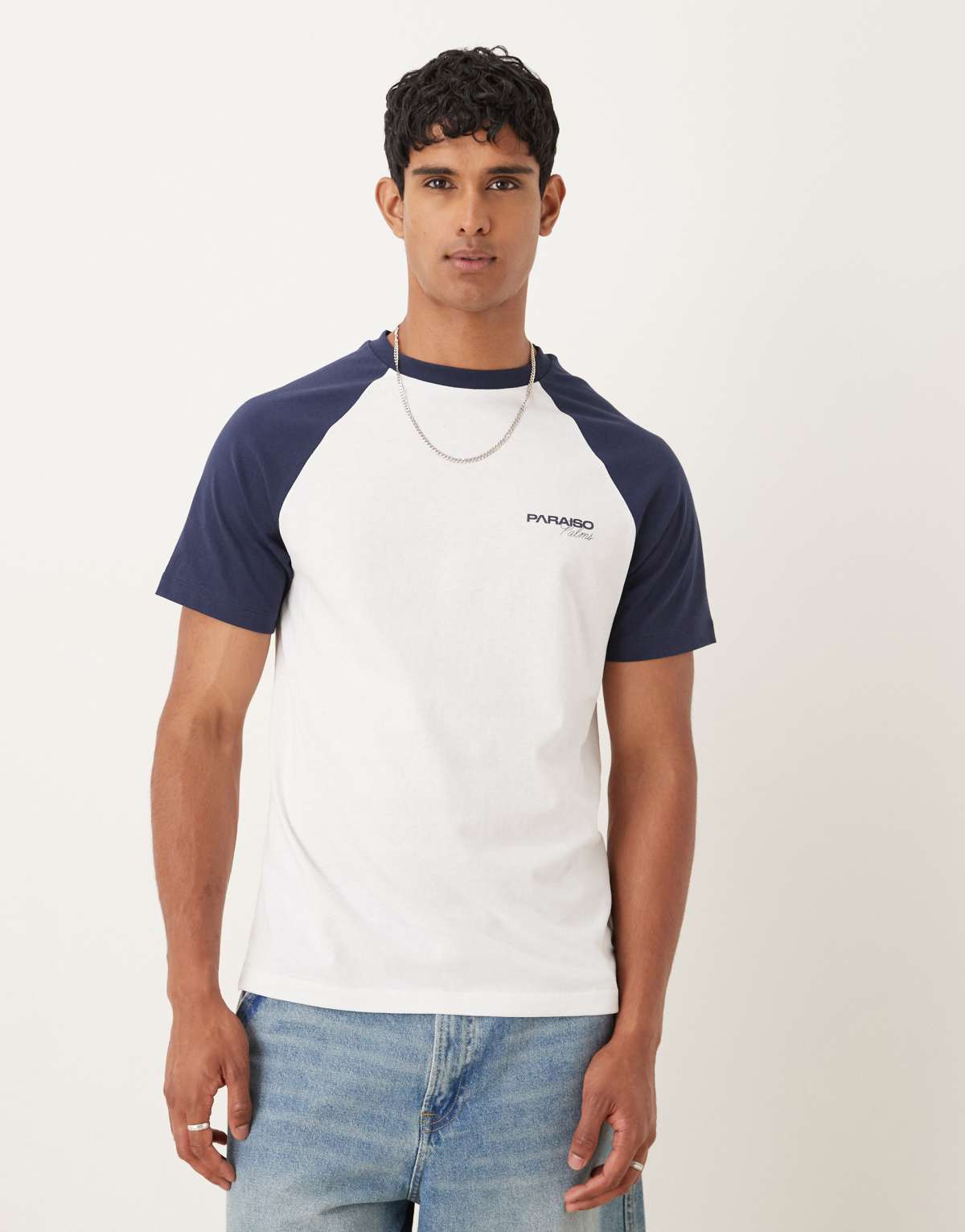 ASOS DESIGN raglan t-shirt with chest graphic in white and navy