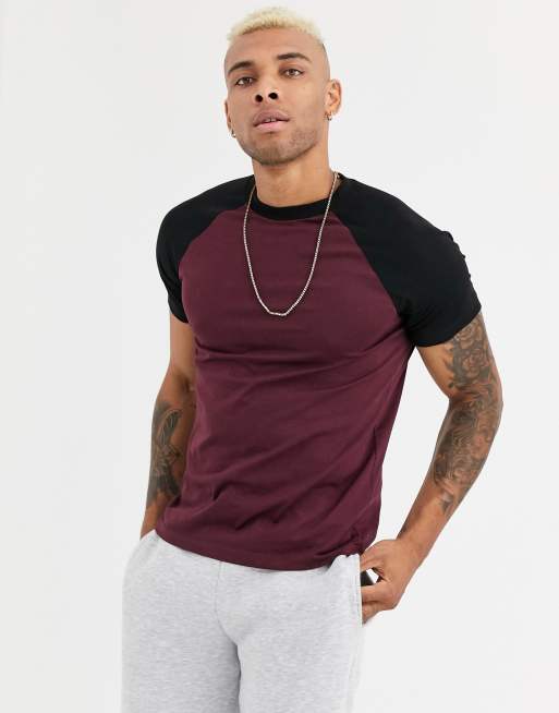 ASOS DESIGN raglan t-shirt with crew neck in black & burgundy