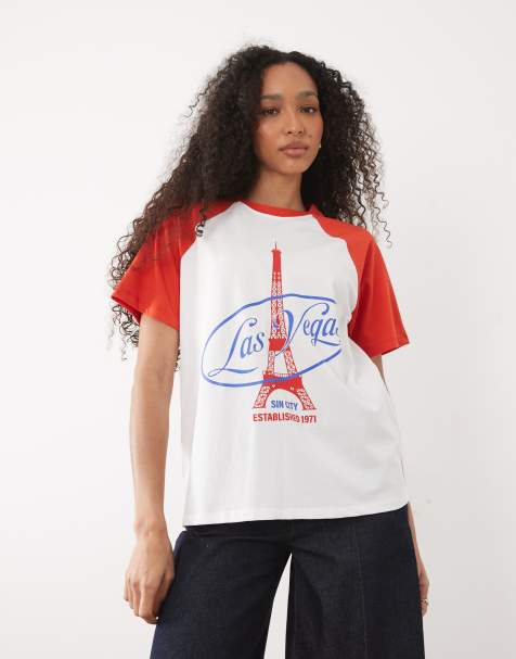 ASOS DESIGN raglan T-shirt with Las Vegas tower graphic in red and white