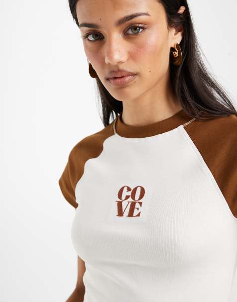ASOS DESIGN raglan tee with Cove embroidery in brown and cream - view 1
