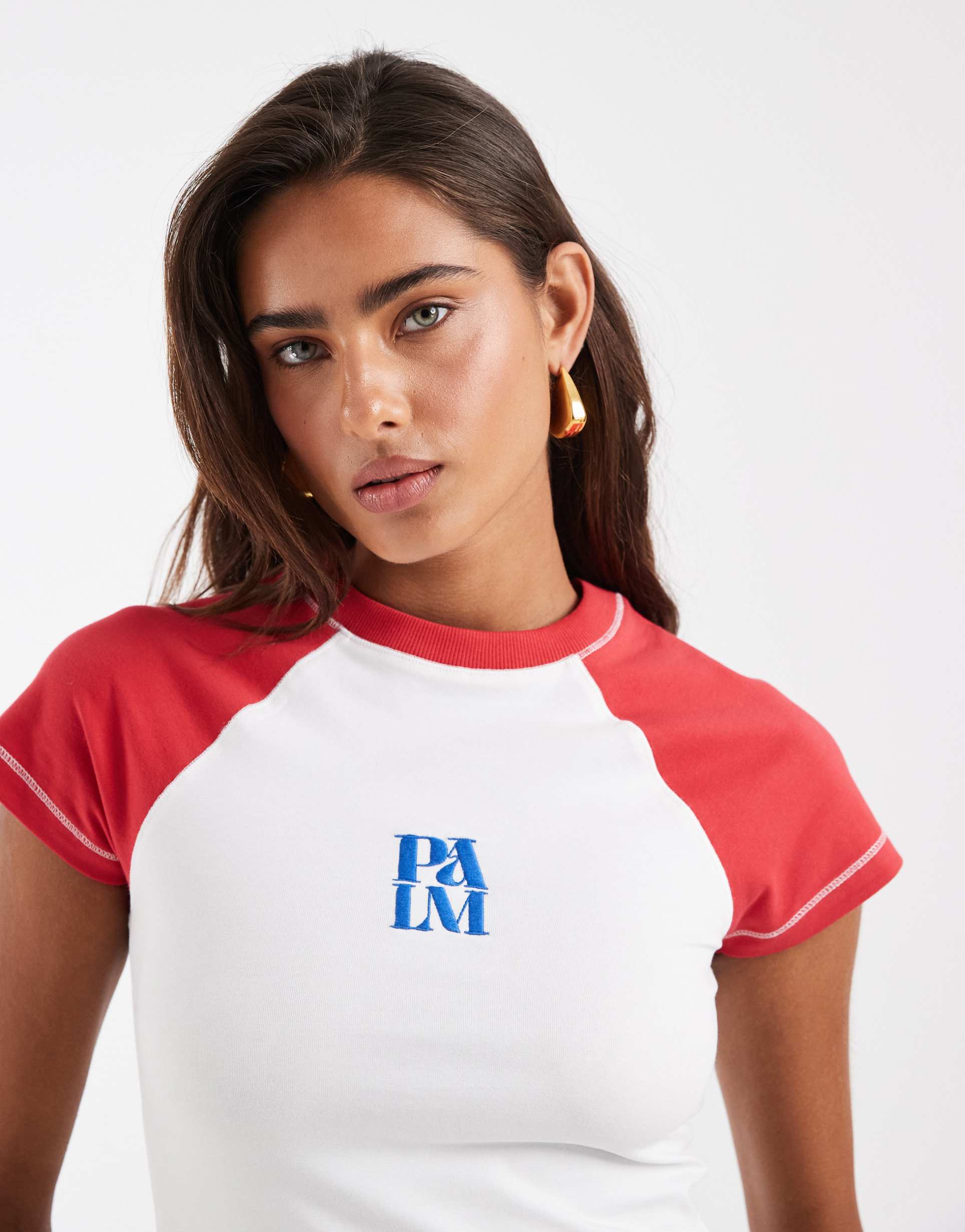 asos design raglan tee with palm embroidery in ecru and red