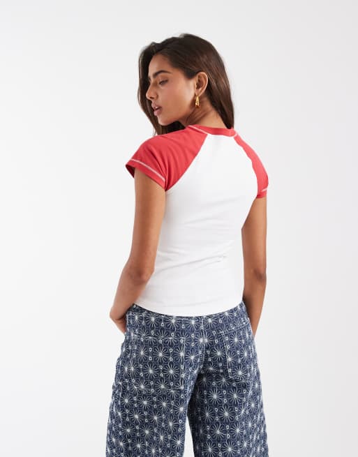 ASOS DESIGN Raglan tee with Palm embroidery in ecru and red, 4 of 4