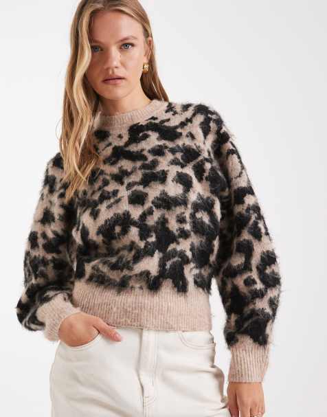 ASOS DESIGN raglan waisted brushed leopard jumper in brown - view 1