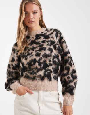 Asos Design Raglan Waisted Brushed Leopard Sweater In Brown