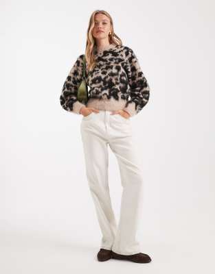 Asos Design Raglan Waisted Brushed Leopard Sweater In Brown