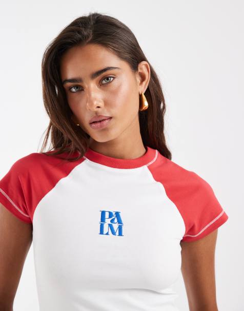 ASOS DESIGN – Raglanowy T-shirt w kolorze ecru i czerwonym z haftowanym napisem Palm - view 1