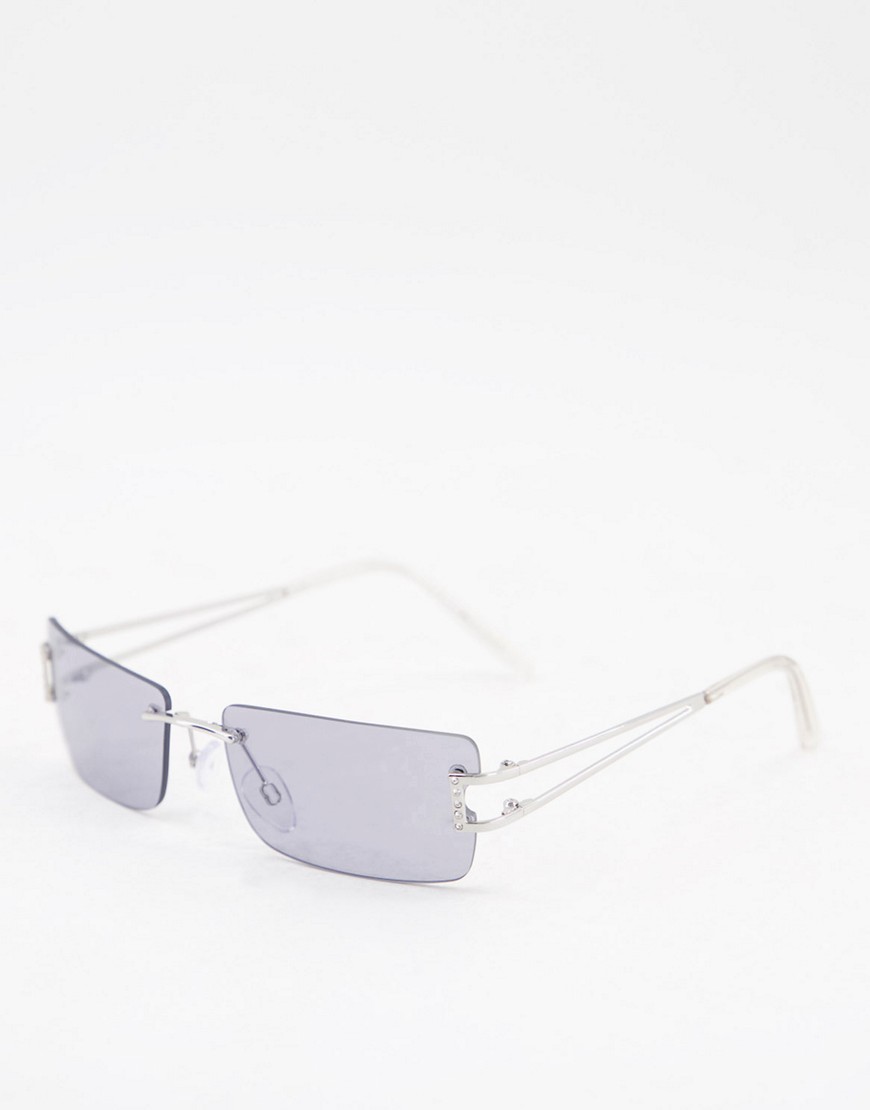 asos design -  – Rahmenlose, eckige Sonnenbrille in Silberfarben im Stil der 90er mit seitlichen Strassdetails und Zierausschnitt