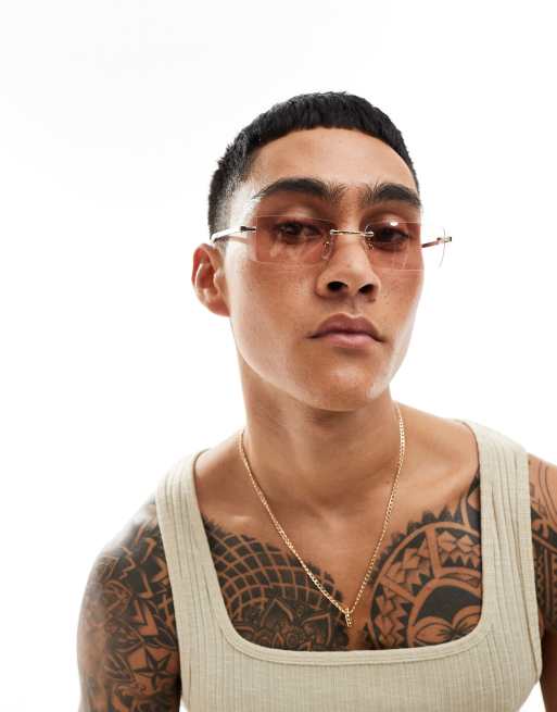 ASOS DESIGN – Rahmenlose, schmale Sonnenbrille in Goldoptik mit Gläsern mit Farbverlauf in Gelb und Rosa