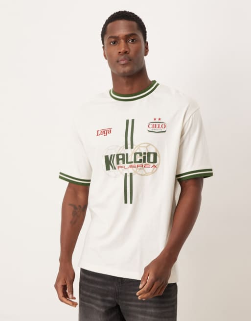 ASOS DESIGN - Råhvid afslappet T-shirt med kantdetaljer i halsen og ved kanterne og sportsgrafik