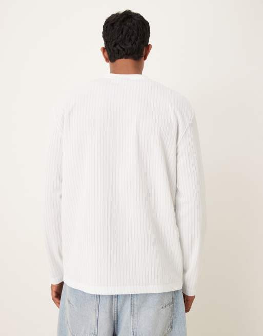ASOS DESIGN - Råhvid kraftig T-shirt med lange ærmer og blå teksturerede striber i afslappet pasform , 3 af 5