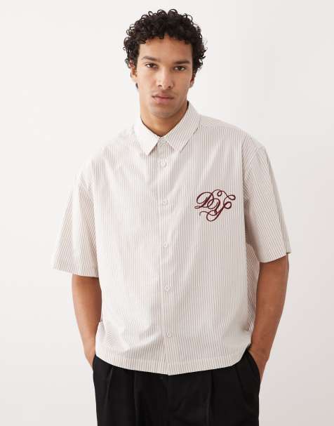 ASOS DESIGN - Råhvid oversized firkantet skjorte med striber og broderi på brystet - view 1