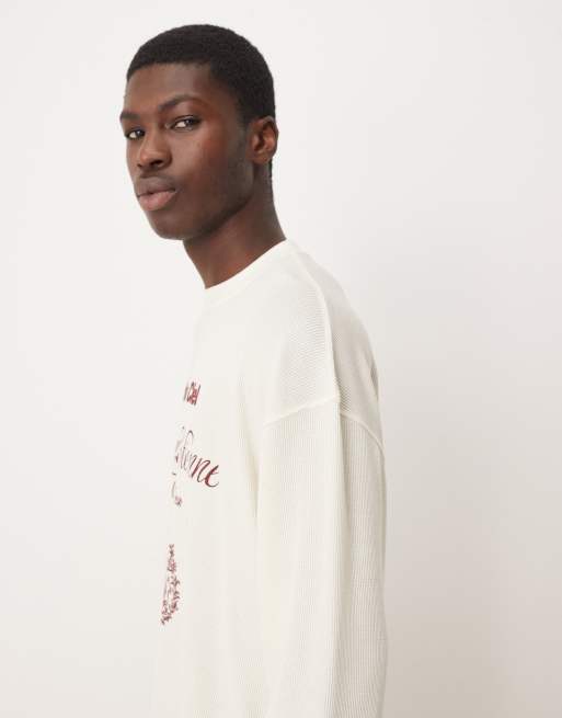 ASOS DESIGN - Råhvid oversized T-shirt med lange ærmer og tekstgrafik i kraftig vaffeltekstur , 3 af 5