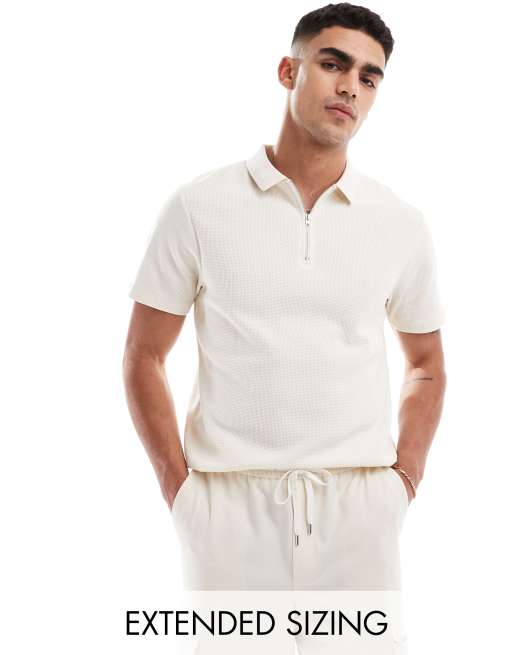 ASOS DESIGN - Råhvid poloskjorte med vaffeltekstur og lynlås i halsen