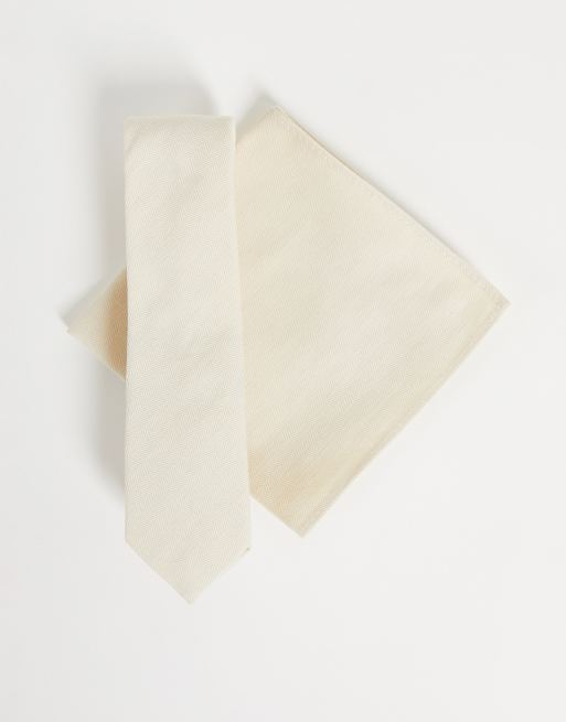 ASOS DESIGN - Råhvidt sæt med slips og lommeklud
