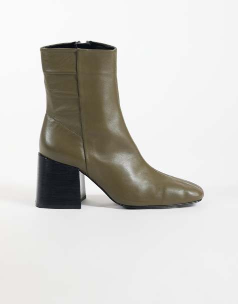 ASOS DESIGN Raiden bottines à talon carré en cuir souple olive - view 1
