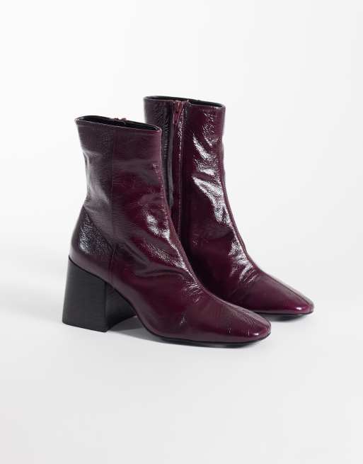 ASOS DESIGN Raiden soft leather block heel ankle boots in burgundy, 4 of 4