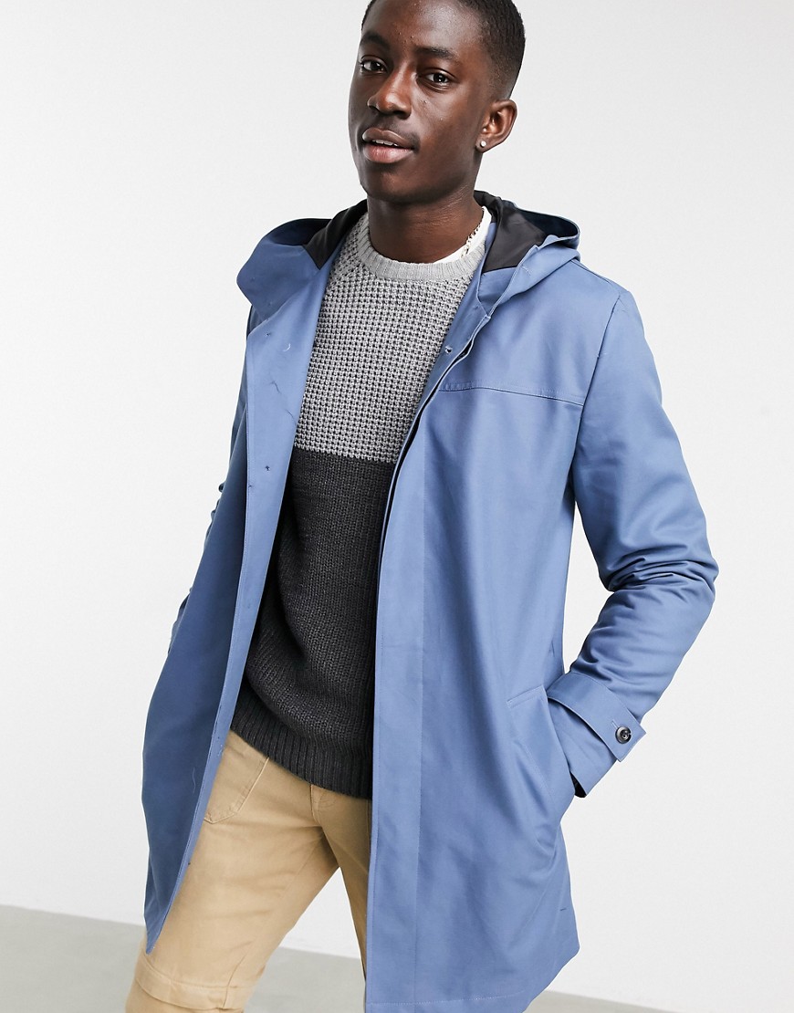 ASOS DESIGN rain resistant hooded trench coat in blue