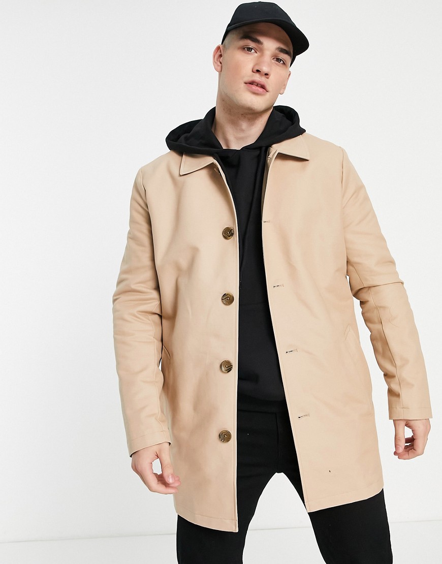 ASOS DESIGN rain resistant single breasted trench coat in stone-Neutral