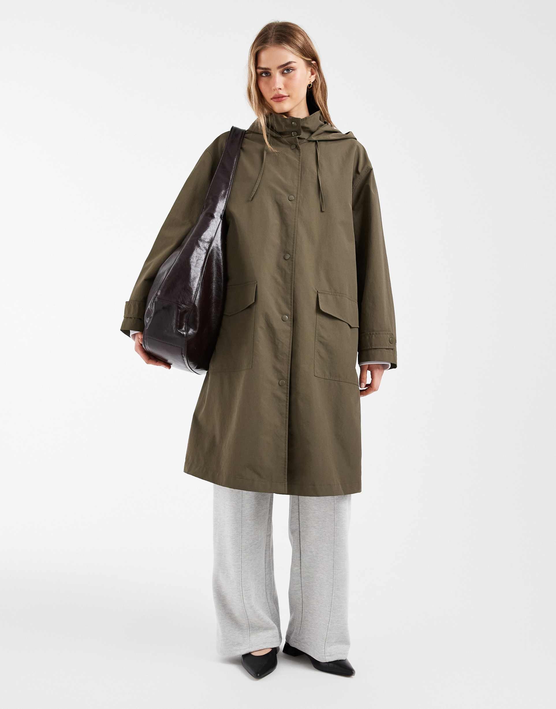 asos design rain resistant throw on coat in khaki