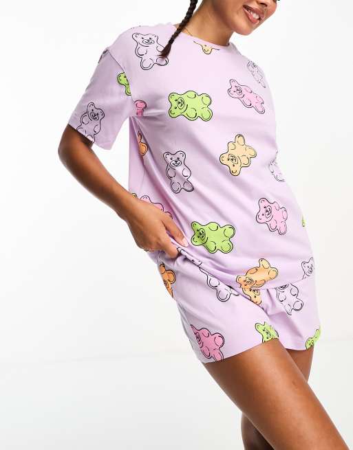 ASOS DESIGN rainbow bears oversized tee & shorts pyjama set in lilac