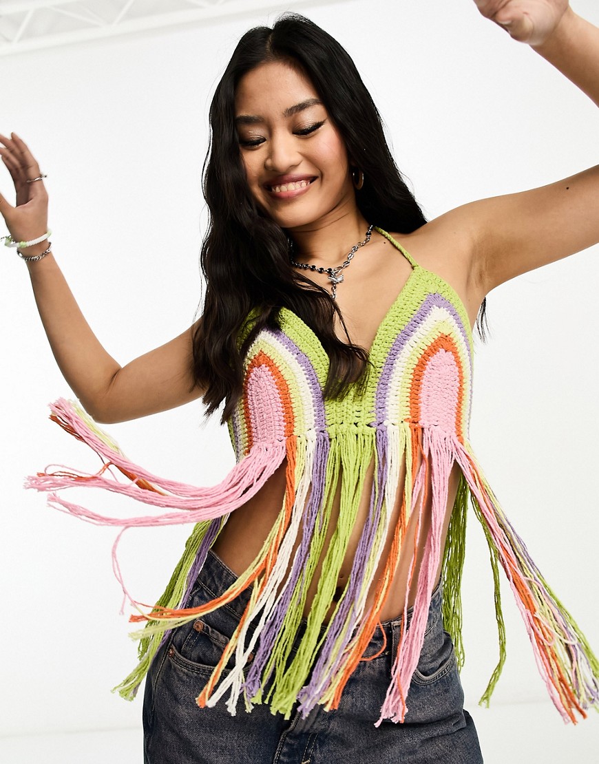 ASOS DESIGN rainbow crochet halter top with fringing-Multi