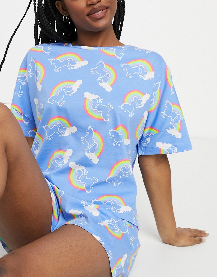 ASOS DESIGN rainbow unicorn tee & short pajama set in blue-Blues