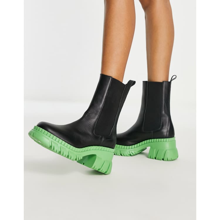 DESIGN Raindrop premium leather chunky Chelsea boots in black with green sole | ASOS