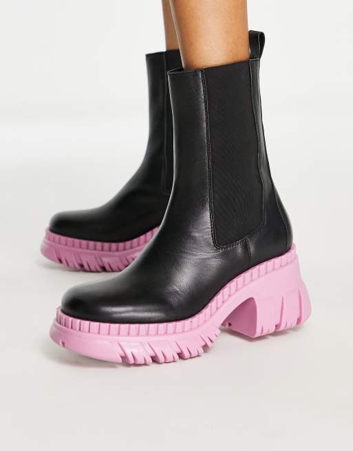 ASOS DESIGN - Raindrop - Stivaletti Chelsea in pelle nera premium con suola spessa rosa, 2 di 4