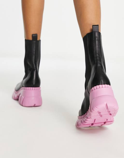 ASOS DESIGN - Raindrop - Stivaletti Chelsea in pelle nera premium con suola spessa rosa, 4 di 4