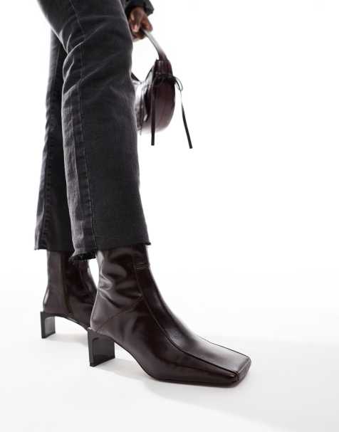 ASOS DESIGN - Raine - Laarzen van premium leer met vierkante neus en halfhoge hak in bordeauxrood - view 1
