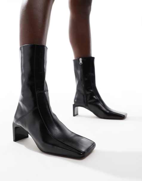 ASOS DESIGN Raine premium square toe mid-heel boots in black leather - view 1