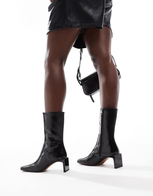 ASOS DESIGN Raine premium square toe mid-heel boots in black leather