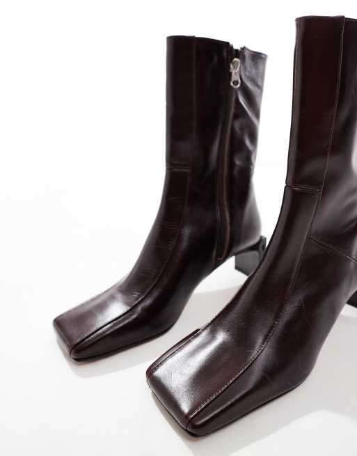 ASOS DESIGN Raine premium square toe mid-heel boots in burgundy leather