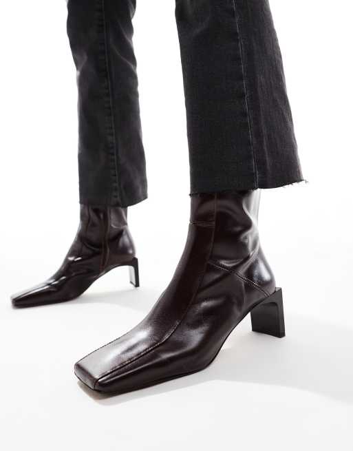 ASOS DESIGN Raine premium square toe mid-heel boots in burgundy leather, 3 of 4