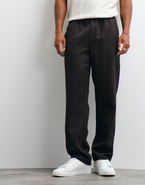 ASOS DESIGN raka byxor i fiskbensmönster i brunt med elastisk midja - view 1
