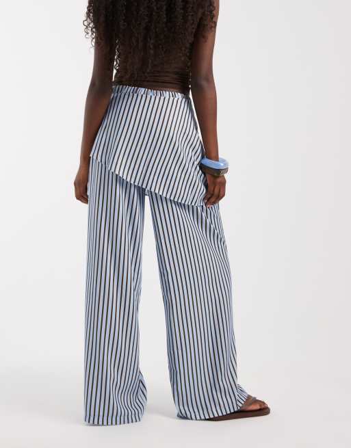 ASOS DESIGN raka byxor med kjoldetalj i linnelook i brun och blå rand, 5 av 5