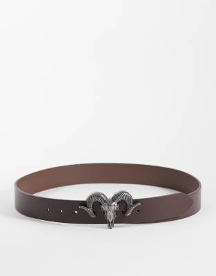 Asos Design Ram Head Western Buckle Belt In Brown