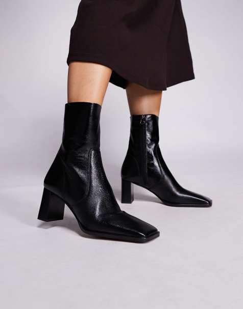 ASOS DESIGN Ramona leather square toe heeled ankle boots in black - view 1