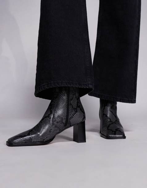 ASOS DESIGN Ramona leather square toe heeled ankle boots in gray snake - view 1