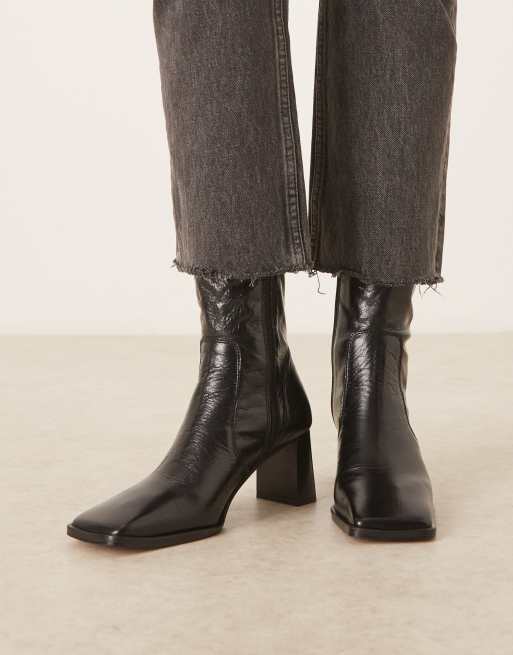 ASOS DESIGN - Ramona - Stivaletti con tacco neri in pelle con punta squadrata, 3 di 4
