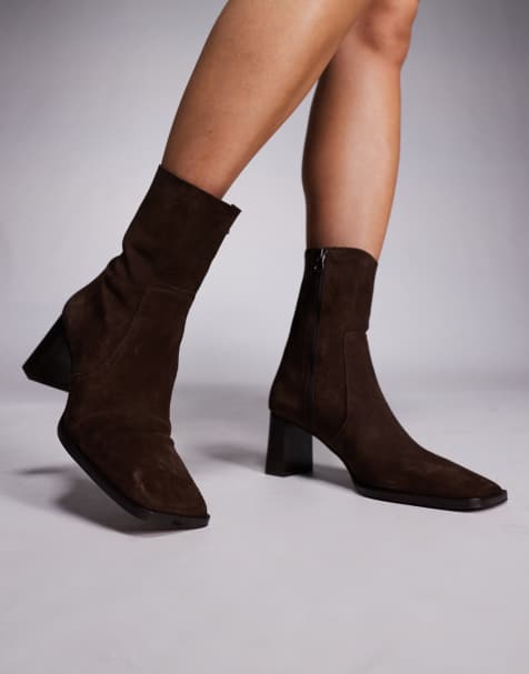 ASOS DESIGN Ramona suede square toe heeled ankle boots in chocolate - view 1