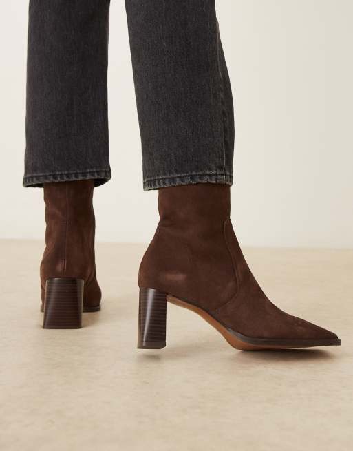 ASOS DESIGN Ramona suede square toe heeled ankle boots in chocolate, 3 of 4