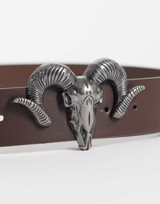 ASOS DESIGN rams head western buckle faux leather belt in brown, 2 of 3