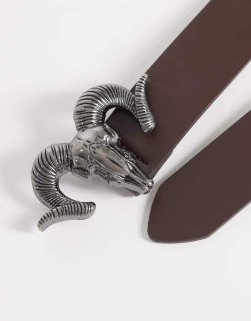 ASOS DESIGN rams head western buckle faux leather belt in brown, 3 of 3