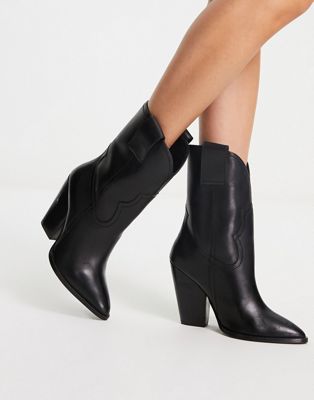 ASOS DESIGN Ranch leather mid-calf heeled western boots in black | ASOS