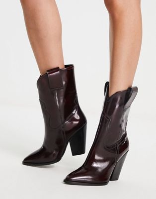 ASOS DESIGN Ranch leather mid-calf heeled western boots in burgundy