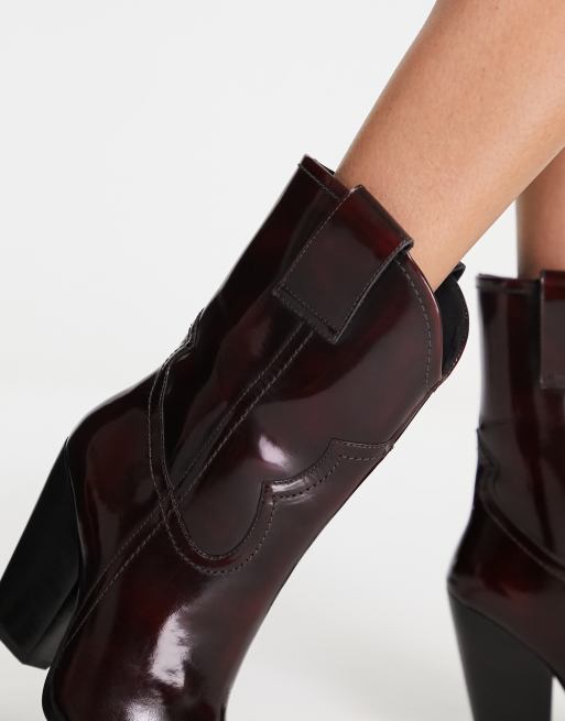 ASOS DESIGN Ranch leather mid calf heeled western boots in burgundy